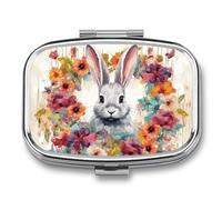 Watercolor Rabbit and Flowers Pill Box 2 Compartment - Small Metal Medicine Organizer Portable Pill Case for Purse Pocket Travel Vitamin Organizer for Men Women, BPA-Free