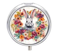 Watercolor Rabbit and Flowers Pill Box Round Pill Case for Purse & Pocket 3 Compartment Medicine Pill Organizer Portable Travel Pillbox Medicine Vitamin Cod Liver Oil Storage Box