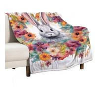 Watercolor Rabbit and Flowers Soft Throw Blanket for Couch Lightweight Flannel Blanket for Sofa Couch Throw Bed Warm Cozy Decorative Blankets Fall Winter Decor 60"x80"