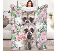 Watercolor Raccoon Flower Blanket Gifts for Girls, Cute Floral Raccoon Plush Flannel Throw Blanket for Kids Cow Lover, Highland Cow Cozy Fluffy Blanket for Women Women Couch Bed Sofa, 130x150 cm