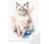Watercolor Ragdoll Cat 1000-Piece Puzzle for Adults, 52x38cm/1000pcs, Easy to Continue on Another Evening; White Cardboard for Simple Sorting