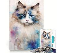 Watercolor Ragdoll Cat Adults 1000 Pieces Puzzle Mind Training Fun Burr Free Clean Cut Pieces Heartwarming Gathering Activity (38x52cm)