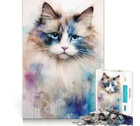 Watercolor Ragdoll Cat Jigsaw Puzzle 1000 Think Boost Game Tight Lock No Loose Pieces Interactive Brain Challenge for Home (38x26cm)