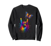 Watercolor Rainbow Hand Rock Sign Butterfly Music Lovers Sweatshirt