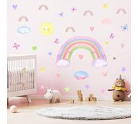 Watercolor Rainbow Wall Decals Colorful Fabric Rainbow Sun Cloud Wall Decals Star Butterfly Heart Wall Stickers Cute Pastel Rainbow Wall Stickers for Girls Room Bedroom Nursery Decor