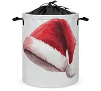 Watercolor Red Christmas Hat Laundry Basket Laundry Hamper Round Collapsible Drawstring Clothes Hamper for Bedroom Bathroom