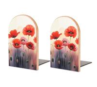 Watercolor Red Poppy Flowers Book Ends Wood Decorative Non-Skid Book Ends Classic Universal Metal Base Bookends Multi-Purpose Arch Heavy Duty Bookends for Home Office and Library