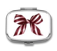 Watercolor Red White Striped Ribbon Bow Pill Box 2 Compartment Portable Medicine Pill Case Travel Pill Organizer for Pocket Purse