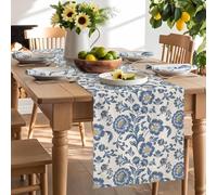 Watercolor Retro Blue Flower Leaves Table Runner 120 Inches Long, Rustic Floral on Burlap Washable Table Runners Heat-Insulation Kitchen Dining Table Decorations for Home Party Decor 13x120in