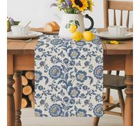 Watercolor Retro Blue Flower Leaves Table Runner 36 Inches Long, Rustic Floral on Burlap Washable Table Runners Heat-Insulation Kitchen Dining Table Decorations for Home Party Decor 13x36in