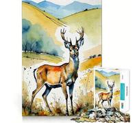 Watercolor Roe Deer in Landscape Adults 1000 Pieces Puzzle Mental Fun Game Advanced Laser Cutting Tech Amusing Challenge for Waiting Time (38x26cm)