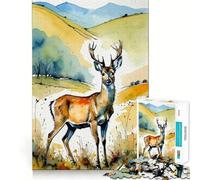 Watercolor Roe Deer in Landscape Jigsaw 1000 Piece Mind Skill Play Stable Fit No Shifting Parts Enjoyable Pastime for Long Weekends (50x75cm)