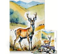 Watercolor Roe Deer in Landscape Jigsaw Puzzles 1000 Pieces for Adults Strategic Think Light Recreation Clean Cut Xmas Present (50x75cm)