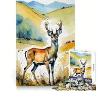 Watercolor Roe Deer in Landscape Jigsaw Puzzles for Adults1000 Piece Brain Stimulation Calm Distraction Premium Cut Birthday Gift (38x52cm)