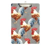 Watercolor Rooster Gray Acrylic Clipboard Writing Board Cute Decorative Letter Size Clipboards, A4 Letter Size 12.5 x 9 Inches Silver Clip, Silver12x9in