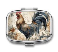 Watercolor Rooster Pill Box - 2 Compartment Travel Pill Organizer with Small Mirror, Portable Pillcase for Pocket & Purse, Cute Square Medicine Case, Weekly Medicine Container