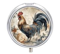 Watercolor Rooster pilldispenser with Mirror 3 Compartments Waterproof Pillcase for Purse Pocket Non-Slip Grip Travel Medicine Organizer Container Box for Vitamin Fish Oil Supplement
