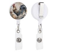 Watercolor Rooster Retractable Badge Reel - Personalized ID Name Badge Holder with Lanyard Cute Badges Reel Holder Round Nurse Doctor Name Tag Badges Clip for Work