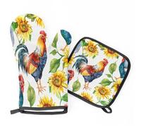 Watercolor Rooster Sunflowers Oven Mitts & Pot Holders BBQ Gloves, Heat Resistant Kitchen Oven Gloves Hot Pads for Cooking Baking Grilling