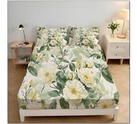 Watercolor Rose Fitted Sheets Bedding Set, Retro Pastoral Soft Microfibre Fitted Bed Sheets for Deep Pocket 30cm with 2 Pillowcases 180x200x30cm, Light Green