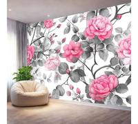 Watercolor Roses Vines Leaves Wall Mural Wallpaper, Non Self Adhesive Paste The Wall Mural for Living Room Bedroom, Pink Gray High Definition Art Wall Decor - 350 x 256 cm (W x H)