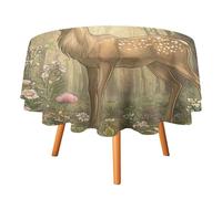 Watercolor Rustic Animal Deer Round Tablecloth 60 Inch for Kitchen Dining Table,Vintage 70s Arch Architecture Daisy Green Leaves Table Cloth Round Tablecloths