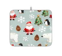 Watercolor Santa Penguin Polar Bear Absorbent Dish Drying Mat for Kitchen Counter, Reversible Microfiber Dish Drying Pad with Hanging Loop for Glassware Utensils Pots 16x18 in