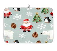 Watercolor Santa Penguin Polar Bear Absorbent Dish Drying Mat for Kitchen Counter, Reversible Microfiber Dish Drying Pad with Hanging Loop for Glassware Utensils Pots 18x24 in