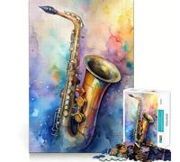 Watercolor Saxophone Art Adults 1000 Pieces Puzzle Mind Training Fun Burr Free Clean Cut Pieces Heartwarming Gathering Activity (50x75cm)