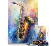 Watercolor Saxophone Art Jigsaw Puzzles for Adults 1000 Pieces Logical Skill Restful Activity Precise Join Holiday Present (50x75cm)