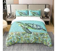 Watercolor Sea Turtle 100% Cotton Duvet Cover Double Size 3 Pcs Green Teal Blue Paisley Flowers Bedding Set for Kids Teens Adults Lovely Tie Dye Wild Sealife Comforter Cover with 2 Pillowcases