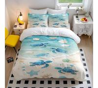 Watercolor Sea Turtle Duvet Cover Set - Ethereal Oceancore Aesthetic Bedding, Coastal Theme Quilt & Pillowcase 2-Piece/4-Piece Set