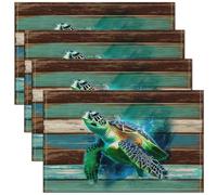 Watercolor Sea Turtle Placemats Green Brown Wooden Stripes Rustic Style Kitchen Mats for Kids Teens Adults Abstract Ocean Creature Ocean Theme Table Mats for Dining Table 12x18 Inch Set of 4