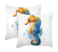 Watercolor Seahorse Blue Splash 2 Pack Square Throw Pillow Covers Decorative Soft Velvet Pillowcase for Couch Sofa Bed Car Living Room, 40x40cm