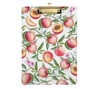 Watercolor Seamless Pink Peaches with Branches Green Leaves on WhitePlastic Clipboard A4 Letter Size PVC Writing Board with Low Profile Gold Metal Clip Hardboard for School, Office 12.5x9 Inch