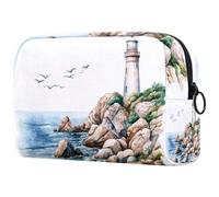 Watercolor Seascape and Lighthouse Small Makeup Bag for Women Cosmetic Storage Bag with Zipper Beauty Accessories Organizer Bag
