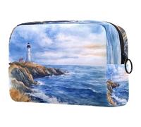 Watercolor Seascape with a Lighthouse Pattern Cosmetic Makeup Bag Small Travel Zipper Pouch Portable Toiletry Bag Makeup Organizer for Women Girls