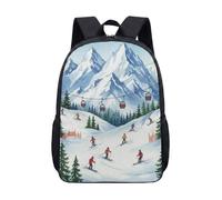 Watercolor Skiing Mountain 17 Inch Backpack Kids Teens Student School Bag Artistic Winter Alpine Skier Cable Car Print (01)