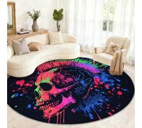 Watercolor Skull Rug, Graffiti Skull Round Rug 210cm, Rock Circle Rugs, Washable Circle Carpet for Living Room Bedroom Dining Room Under the Dining Table