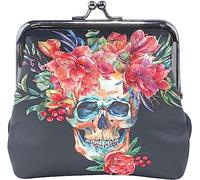 Watercolor Skull with Red Flower Amaryllis Pouch Small Wallet - Kiss-Lock Change Coin Purse Wallets for Women Girl