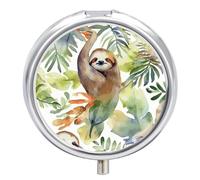 Watercolor Sloth Pill Box 3 Compartment Travel Pill Organizer 3 Times A Day Cute Mini Pill Case for Purse & Pocket Portable Metal Medicine Box with Mirror Round Daily Medicine Vitamin Container