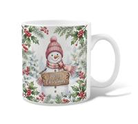 Watercolor Snow Man Christmas Quote Ceramic Coffee Mug 11oz | Watercolor Winter Scene, Coffee Cup, Peach Knitted Accessories, Holly Berry Accents, Rustic Wooden Sign