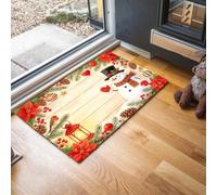 Watercolor Snowman Front Door Mat Indoor Entrance - 80 x 120 cm Doormat Outdoor Rug | Non-Slip Washable Red Beige Holiday Pine Branch Poinsettia Entry Rug for Front Porch Entryway New Year Decor