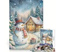 Watercolor Snowman Winter Cabin Scene 1000 Piece Jigsaws for Adults Puzzle Memory Power Serene Activity Seamless Fit Holiday Present (50x75cm)