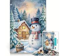 Watercolor Snowman Winter Cabin Scene Jigsaw for Adults1000 Pieces Brain Focus Game Precision Cut Smooth Edges Amusing Challenge for Waiting Time (50x75cm)