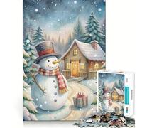 Watercolor Snowman Winter Cabin Scene Jigsaw Puzzle 1000 Pieces Cognitive Fun Play High Precision Die Cut Unique Gift for Stress Relief (38x52cm)
