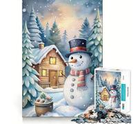 Watercolor Snowman Winter Cabin Scene Jigsaw Puzzles 1000 Pieces Focus Boost Fun Laser Cut for Flawless Fit Bonding Activity for Loved Ones (38x52cm)