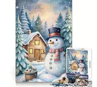 Watercolor Snowman Winter Cabin Scene Jigsaws 1000 Pieces for Adults Focus Enhance Stress Relief Fun Smooth Cut Festive Gift (50x75cm)