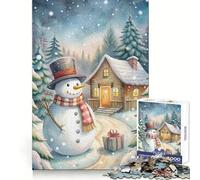 Watercolor Snowman Winter Cabin Scene Puzzle for Adults 1000 Pieces Brain Capacity Tranquil Pastime Secure Lock Creative Gift (38x26cm)