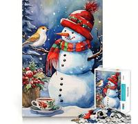 Watercolor Snowman with Bird And Tea Jigsaw Puzzles 1000 Mental Focus Game No Gap Tight Fitting Design Interactive Brain Challenge for Home (50x75cm)